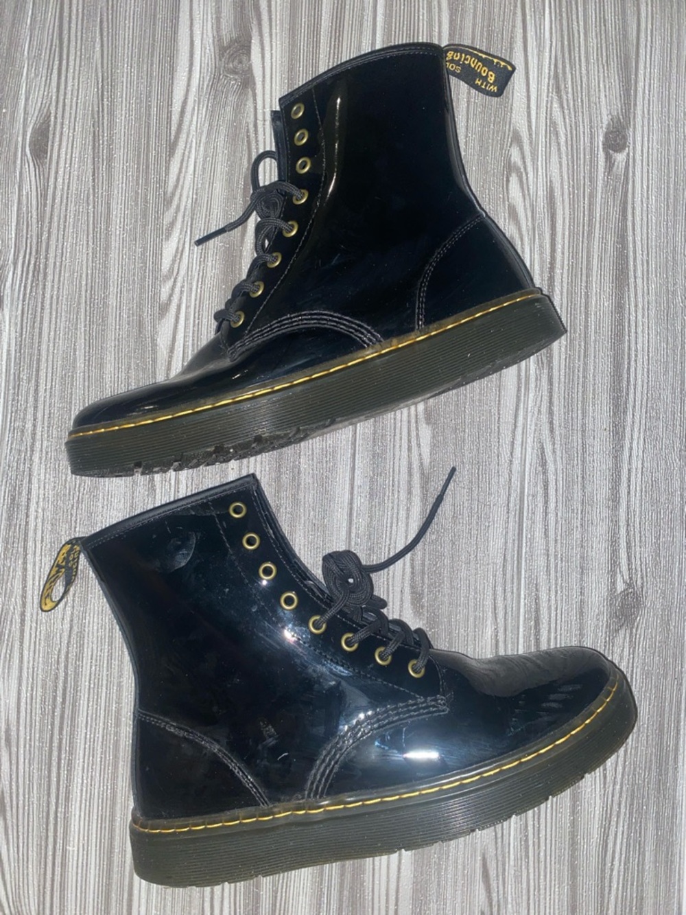 Dr. Martens Black Patent Boots with Yellow Stitching